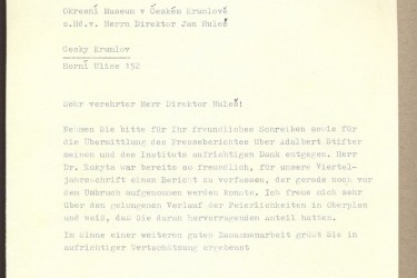 Brief an die Eröffnung der Gedenkstätte im Jahr 1960 vom Adalbert Stifter-Institut in Linz.